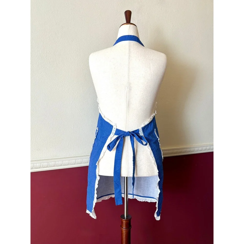 Handmade Blue Diamond Eyelet Lace Trim Bib Apron Pockets Retro Cottage 50s Style